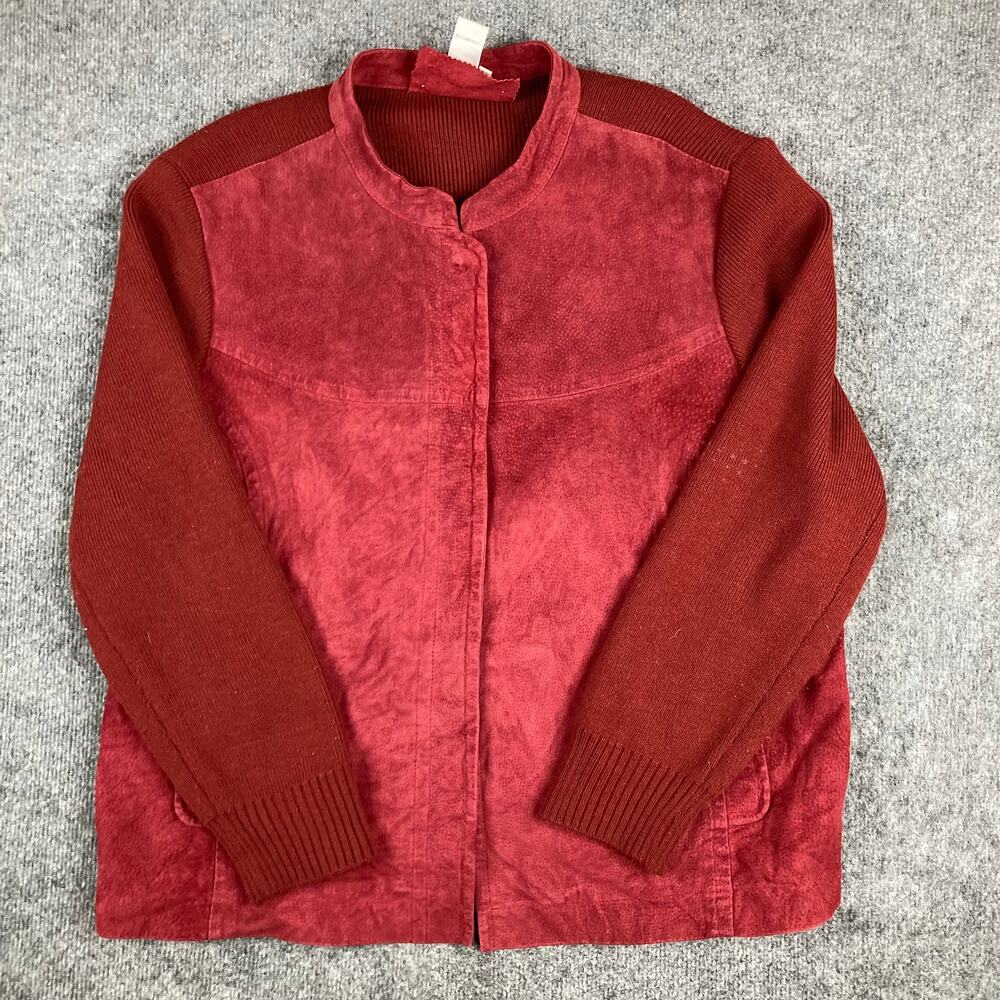 AMX‎ Leather Jacket Womens Size 2X Red Mixed Media Acrylic Knit Sleeves